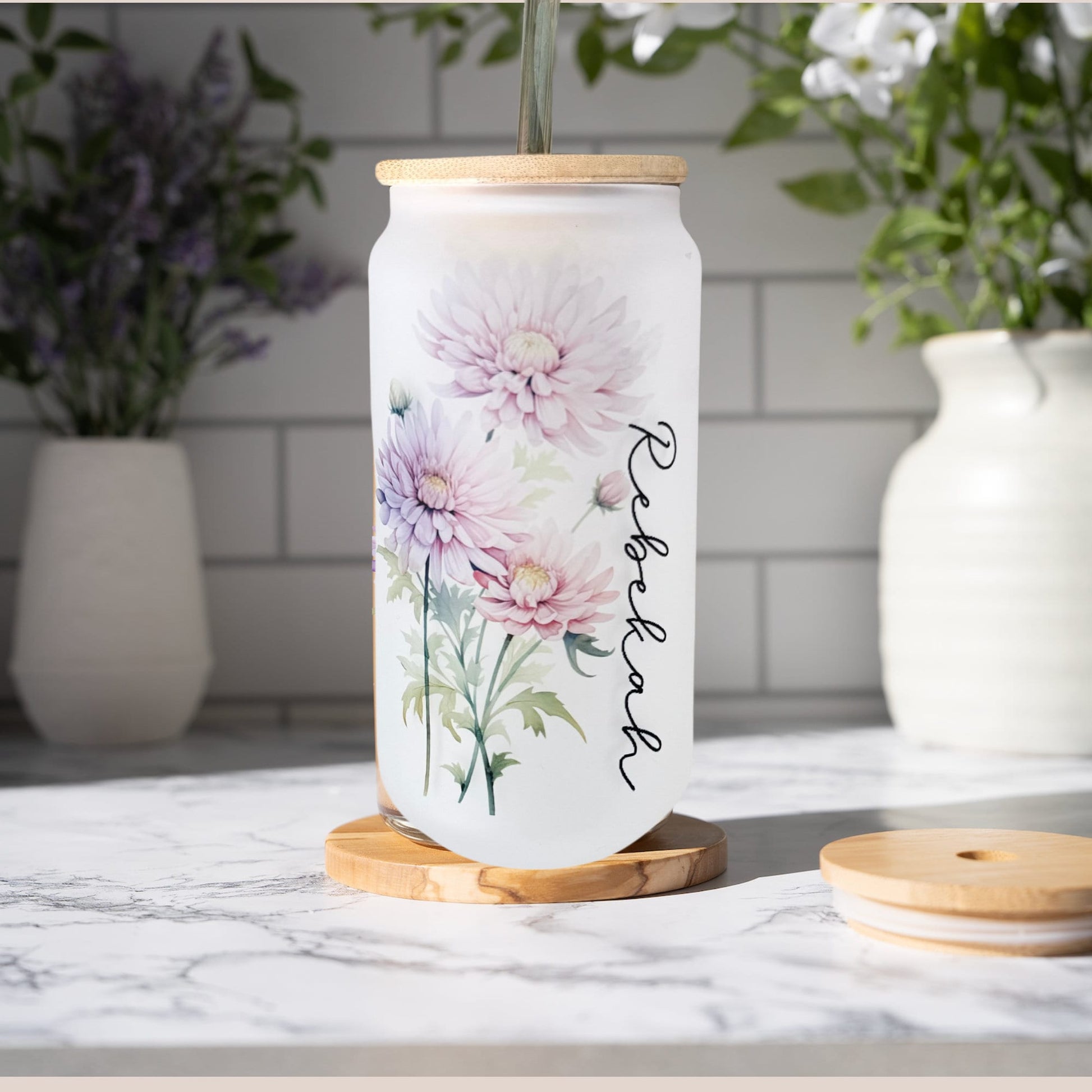 Birth Flower Cup with flower and name on a frosted glass cup