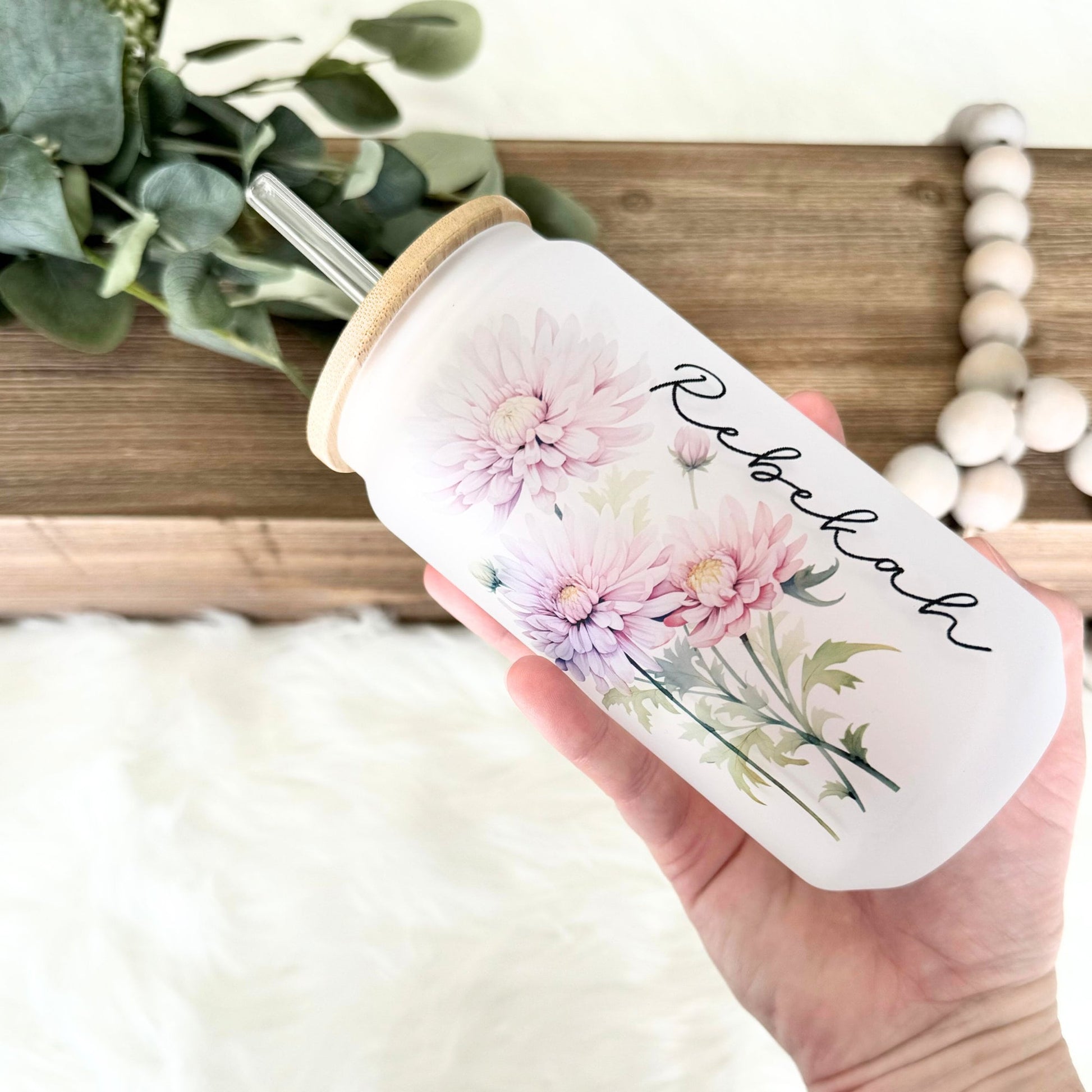 Gift for Her with name and birth flower on coffee cup