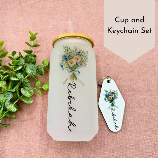 Birth Flower Gift For Her with frosted glass cup and keychain