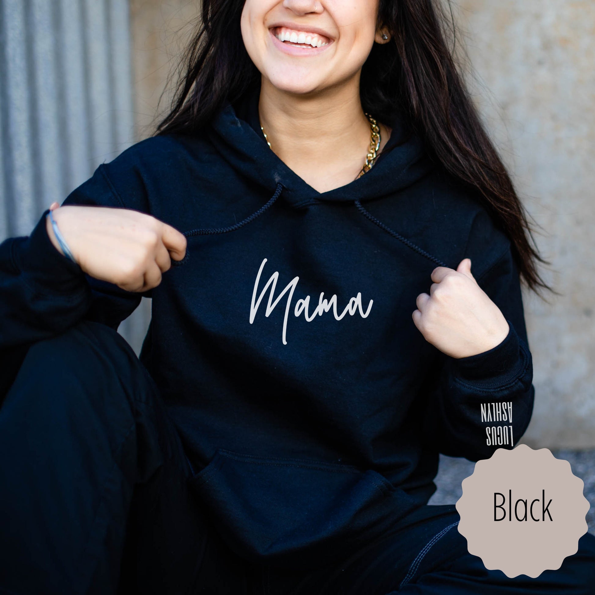 custom mom sweatshirt with kid names on sleeve