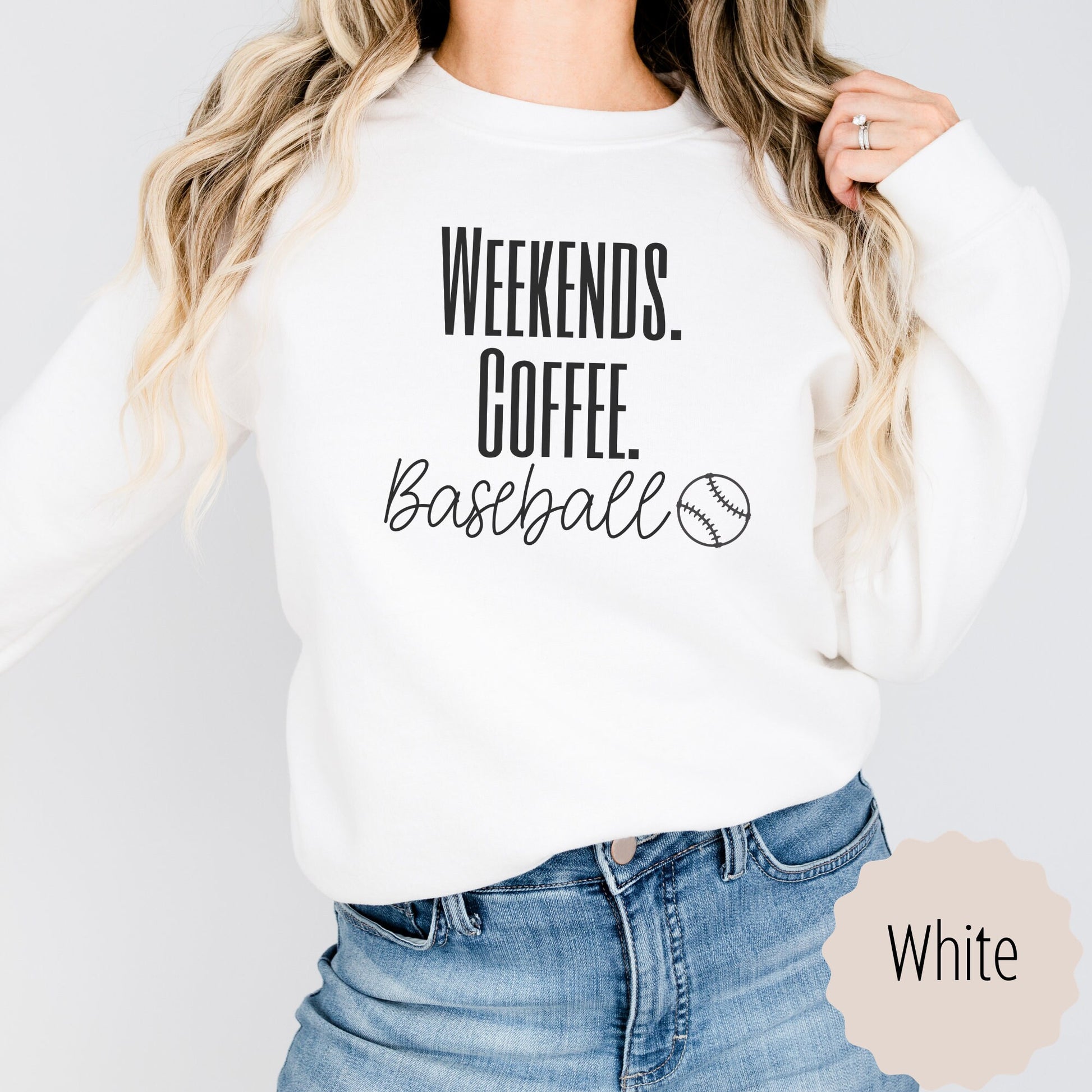 Baseball Coach Gift that says weekends coffee baseball with a black outlined baseball on the bottom. This sweatshirt comes in sand, white, black, gray, and heareth dark gray.