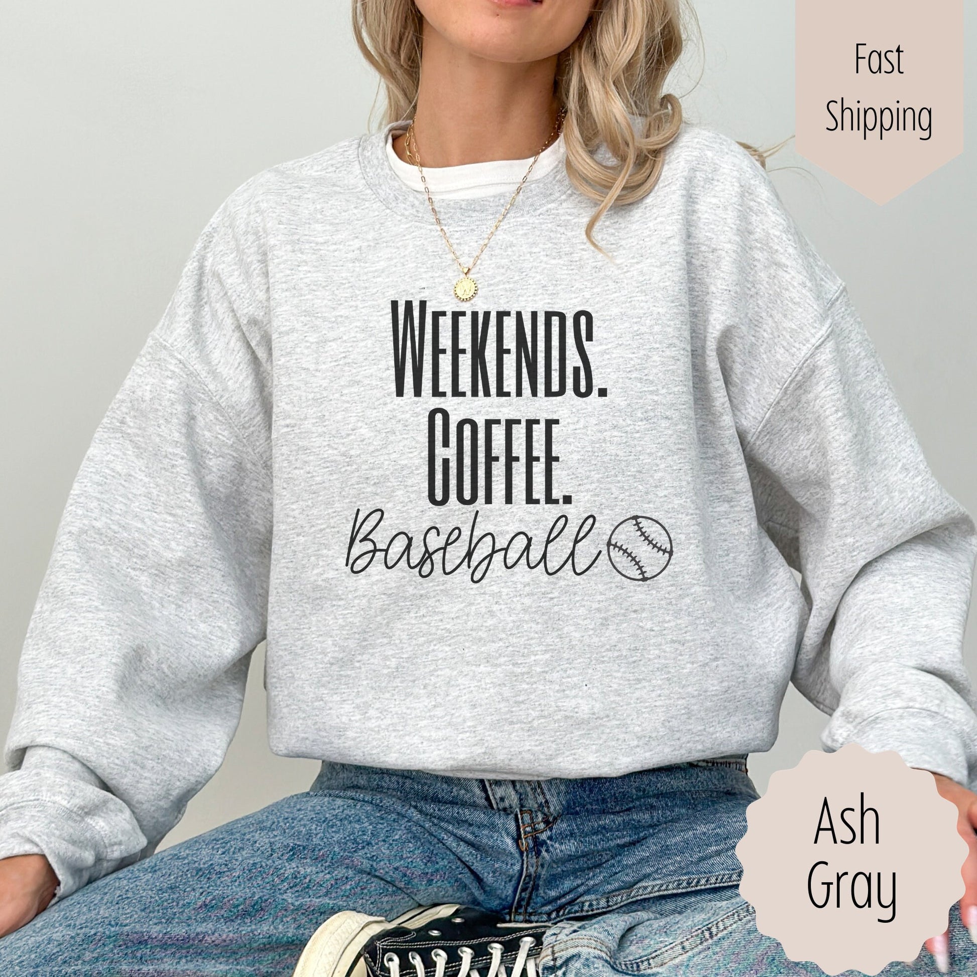 Sports Mama Hoodie that says weekends coffee baseball with a black outlined baseball on the bottom. This sweatshirt comes in sand, white, black, gray, and heareth dark gray.