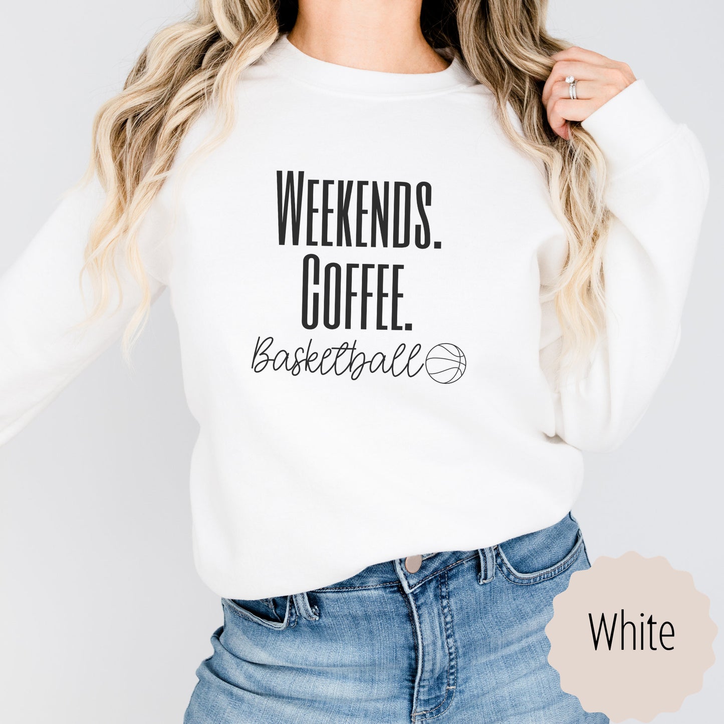 Basketball Game Day sweatshirt that says weekends coffee basketball with a black outlined basketball. This comes in ash gray, sand, black, white, or heathered dark gray.