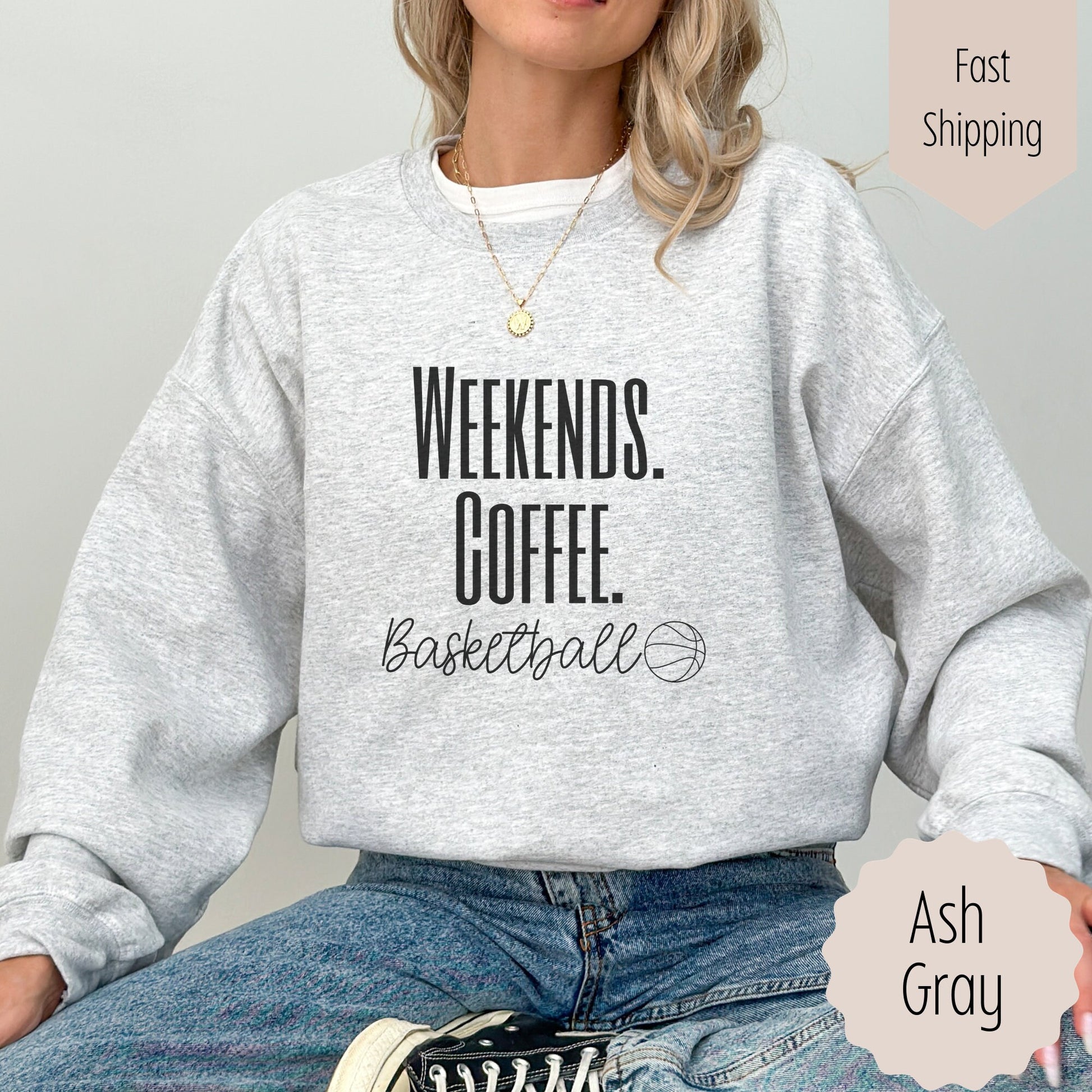 Basketball mom crewneck for sports mamas that says weekends coffee basketball with a black outlined basketball. This comes in ash gray, sand, black, white, or heathered dark gray.