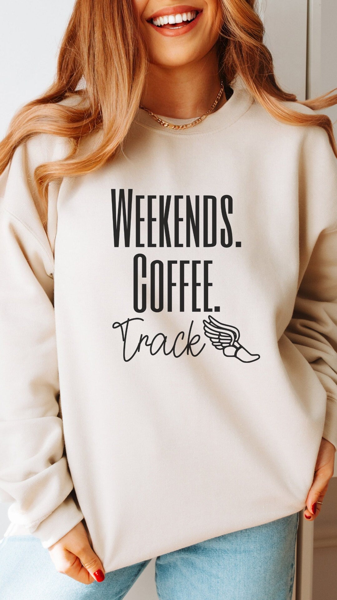 weekend track meet sweatshirt for Moms that says weekends coffee track with a black outlined flying shoe on the bottom. This sweatshirt comes in sand, white, black, gray, and heareth dark gray.